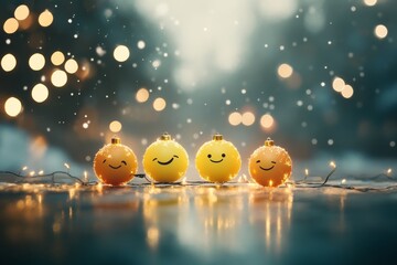 Four smiling Christmas ornaments sit together, illuminated by glowing holiday lights, creating a festive atmosphere.