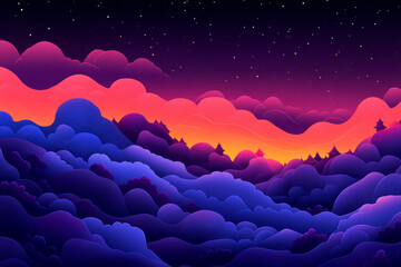 Poster - A colorful, pixelated sky with purple and blue clouds and a bright orange sun