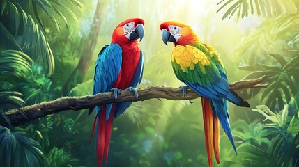 Wall Mural - tropical jungle with colorful parrots perched on a branch vibrant feathers and green background exot