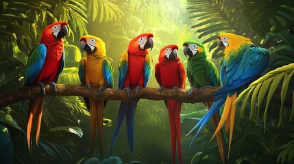 Wall Mural - colorful parrots perched on branch in lush green jungle wildlife environment with vibrant feathers t