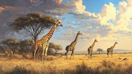 Wall Mural - group of giraffes standing in the forest surrounded by lush trees and greenery a peaceful nature sce