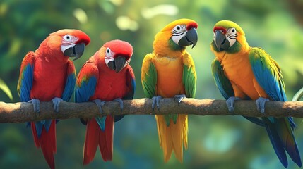 Wall Mural - tropical colorful parrots perched on a branch in the jungle with green background exotic wildlife an