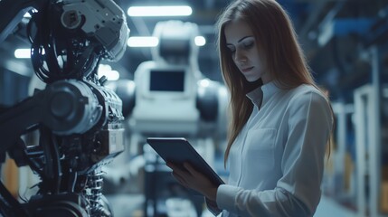 Poster - A woman interacts with advanced robotic technology in a modern industrial setting while using a tablet