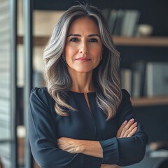 confident middle-aged latin businesswoman standing in office arms crossed for corporate portrait looking directly at camera successful professional woman and business leader