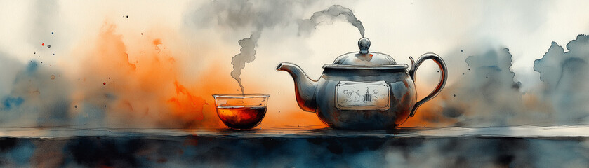 Wall Mural - Image of a teapot with a creepy, spooky label and tea brewing with a hint of smoke or steam