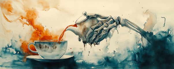 Wall Mural - Teapot shaped like a skeleton hand, pouring tea into a matching cup, set against a spooky backdrop