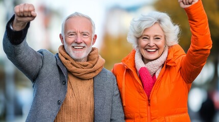 A couple of older people are smiling and holding hands, with one of them wearing an orange jacket