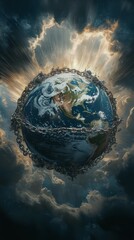 Aufkleber - A chained Earth radiating light from behind clouds, symbolizing a global crisis or pandemic affecting the world. Concept of restriction and outbreak control.