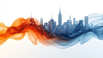 Poster - A digital art piece featuring an abstract representation of the New York City skyline, with swirling orange and blue smoke-like elements that form a fluid shape around it