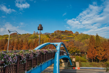 Sticker - Seoul South Korea of ladder walkway to Haneul Park in autumn