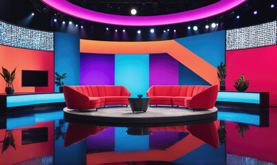 A brightly colored television studio set with two red couches facing each other, a coffee table, and plants