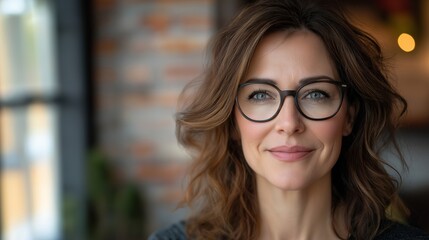 A woman with brown hair and glasses is smiling. She is wearing a black shirt and glasses. Concept of warmth and friendliness