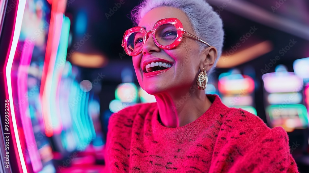 A woman in a red sweater and red glasses is smiling at a slot machine. The scene is set in a casino, with neon lights and a slot machine in the background. The woman is enjoying herself