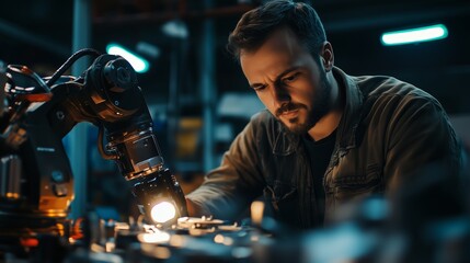 Poster - a technician inspects machinery with robotic assistance in a modern industrial workshop during eveni