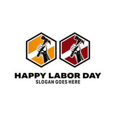 Labor hand holding a hammer labor tool logo