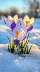 Wall Mural - A cluster of white and purple crocuses peeking out from the snow, signaling the arrival of spring