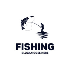 Canvas Print - a man fishing in a boat logo design. Vintage fishing logo design