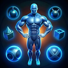 Wall Mural - A striking 3D illustration featuring a muscular male figure surrounded by futuristic icons.