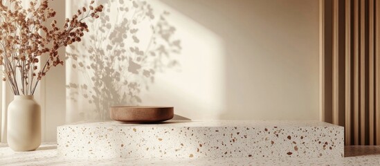 Poster - Beige minimal wall surface with a 3D rendered template mockup featuring a brown terrazzo pattern podium