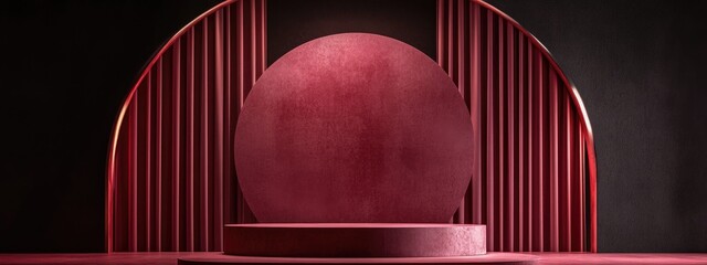 Poster - Minimalistic scene featuring a podium arch and abstract backdrop Geometric shapes in garnet color set against a dark environment with lighting and textured elements ideal for cosmetic products 3D