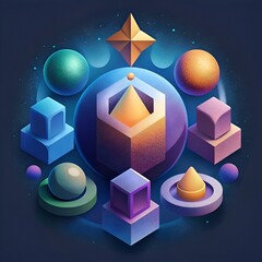 Canvas Print - A stunning 3D illustration featuring a collection of geometric shapes. including cubes. spheres. and cones. arranged in a dynamic composition against a dark blue background.