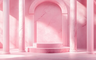 Poster - Pink podium in an ancient Greek style featuring a realistic 3D illustration Minimalist setting in a pink space with marble colonnade and classical columns