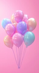 Poster - Colorful balloons floating against a vibrant pink background in a festive celebration setting