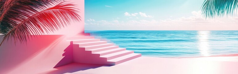 Poster - Summer beach setting featuring white stairs and palm tree shadows ideal for product presentation Abstract three dimensional summer landscape with a view of the ocean
