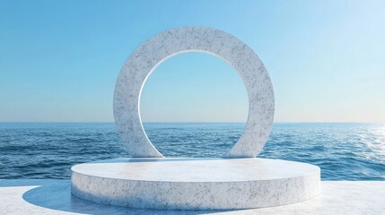 Poster - Round opening with ocean views Terrazzo stone sculpture Unoccupied platform for mockup design Bright summer advertising composition 3D rendered illustration