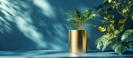 Aufkleber - Elegant gold cylinder product display in a blue environment with greenery studio setup featuring minimalistic design 3D rendering