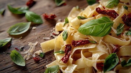 Rustic Italian pasta with vibrant basil and sun-dried tomatoes, culinary photography, Italian food art