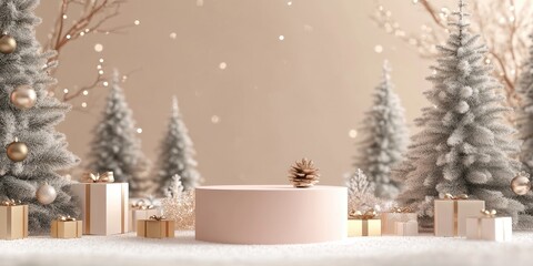 Aufkleber - Christmas backgrounds featuring a podium stage in a minimal New Year event theme A festive scene suitable for product display mock up banners with an empty pedestal decor set in a winter setting 3D