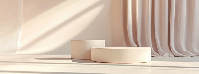 Aufkleber - Taupe two cylinder podium on the floor Abstract platforms designed for product display featuring a mock up pastel background color 3D rendered studio with geometric shapes
