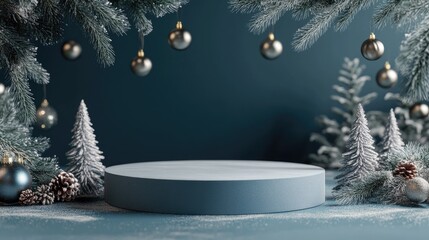 Aufkleber - Christmas themed backgrounds featuring a podium stage platform in a minimal New Year event style Festive scene designed for product display mock up banners Empty pedestal decor in a winter holiday