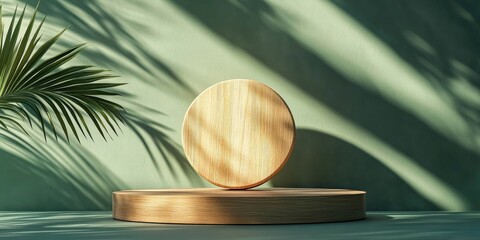 Aufkleber - 3D wooden hemisphere podium showcasing leaf and plant shadow against a green wall backdrop Natural wood circular pedestal mockup for cosmetic beauty products in a minimalist studio setting 3D Illus