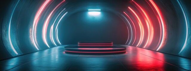 Poster - Abstract Digital Glowing Laser Beams in a Retro Dark Corridor with an Empty Podium and Neon Gray Banner Background for Product Display 3D Render