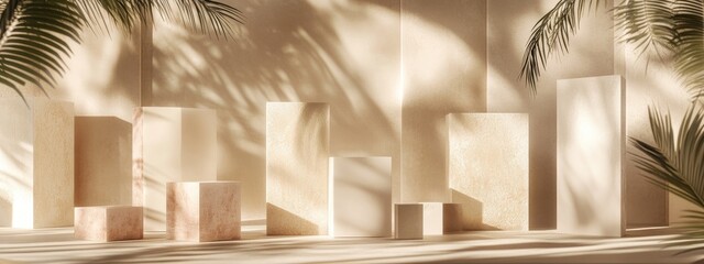 Poster - Cosmetic backdrop for product branding and packaging display featuring geometric square shapes on a podium stage with leaf shadow effects