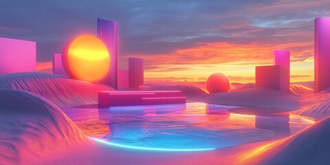 Poster - Surreal 3D rendering of a landscape featuring neon shapes in water and vibrant sand with a podium and abstract objects in the background creating a futuristic fantasy setting