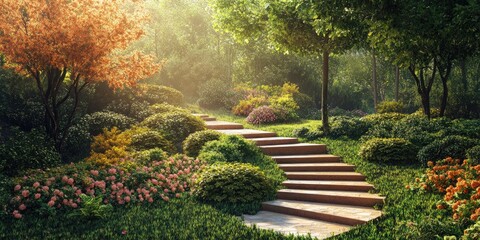 Sticker - Stone Steps Winding Through a Lush, Sun-Dappled Garden