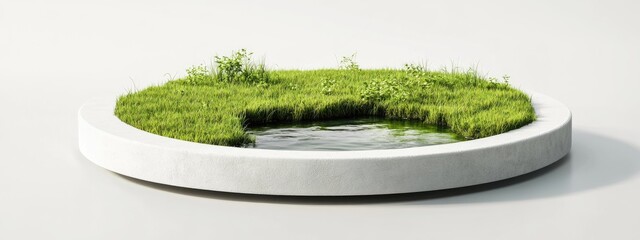 Poster - Fantasy 3D rendering of a circular podium in a grassy field with a river featuring a surreal illustration of a round soil cutaway cross section on a white background