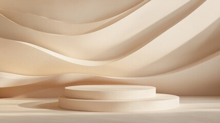 Poster - Contemporary beige podium for showcasing products Cylindrical pedestal design Abstract wavy background for display Promotion of beauty cosmetics Unoccupied stage 3D rendered illustration
