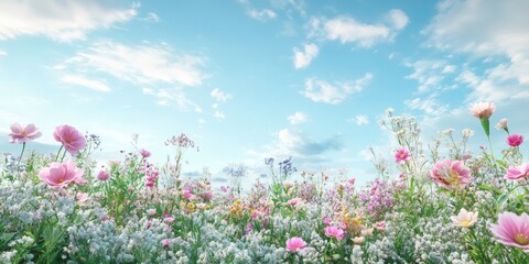 Wall Mural - Natural beauty podium backdrop featuring a floral field Display podium surrounded by flowers against a sky backdrop 3D rendering