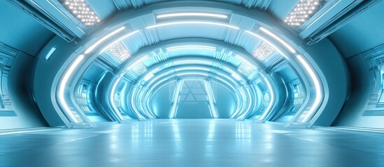 Futuristic interior featuring an empty stage Modern background with a technology sci fi high tech concept 3D rendering