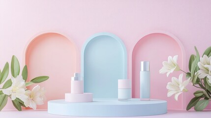 Aufkleber - Minimalistic 3D render of a pastel podium showcase featuring simple geometric shapes for product presentations and advertising including cosmetics and fashion displays