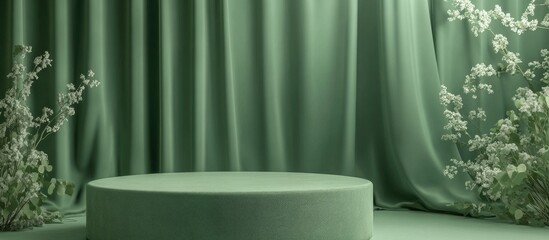 Poster - Minimal product display background for a sales event concept Green upholstered podium set against a green curtain backdrop 3D render illustration with clipping paths for each element included