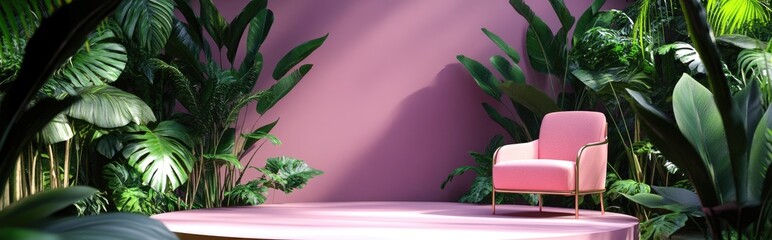 Poster - Abstract garden scene featuring a natural beauty podium backdrop Pink podium and armchair set in a lush tropical forest with a purple wall ideal for product presentation 3D render