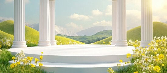 Poster - Exhibition display featuring a podium designed with classic Greek Ionic pillars set against a backdrop of grassy hills and yellow flowers 3D rendered illustration for promoting goods and products