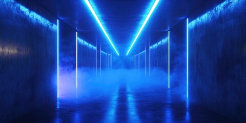 Poster - Futuristic smoke in a vibrant blue neon setting with glowing LED lasers illuminating a modern elegant empty space A reflective grunge concrete tunnel corridor creates a club room atmosphere in thi
