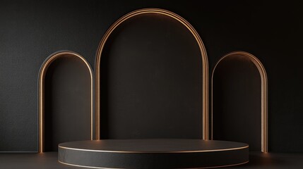 Aufkleber - Dark brown 3D rendered cylinder podium with golden accents featuring a minimalistic composition and an arch design for a luxurious appearance