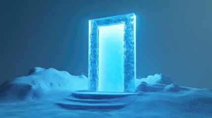 Poster - Closed Door Icon Cracked blue ice symbol on a blue snow podium Social media icon for websites presentations and design templates 3D render